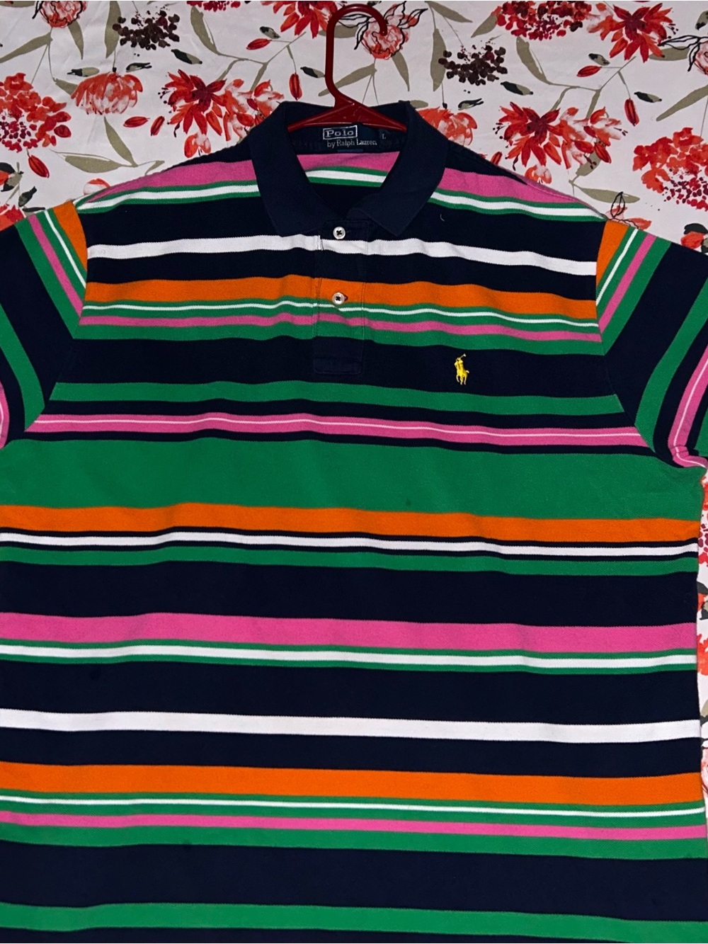 Ralph Lauren Navy Multi-Stripe Polo with Green, Pink, Orange & Yellow Pony